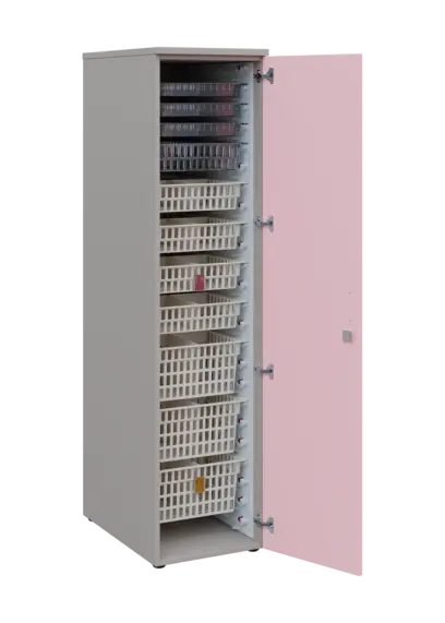 EUROMEDICA D - 46 skříň léková boxová, 1-dveřová, pravá, 1950x460x735, korpus šedý, dvířka pastelově růžová